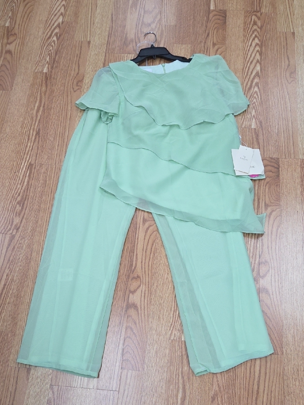 LanTing Bride Light Green 2pc Set with Sheer Layered Top and Wide Leg Pants NWT